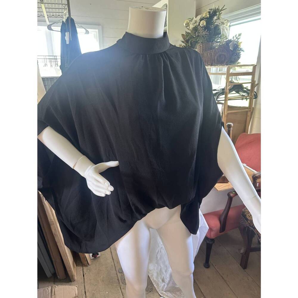 NEW BEFORE YOU women's crepe mock neck back neck tie top in black